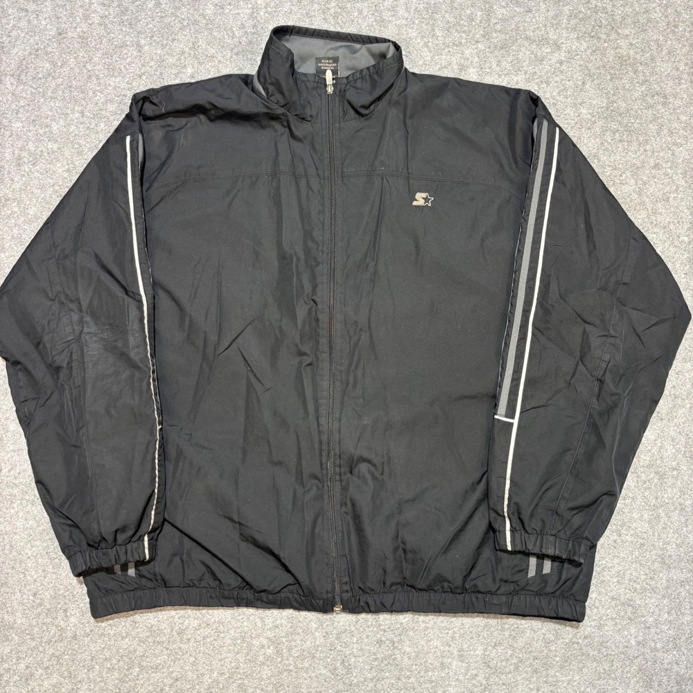 Starter Mens Windbreaker Jacket XL Black Full Zip Striped Athletic Track Top